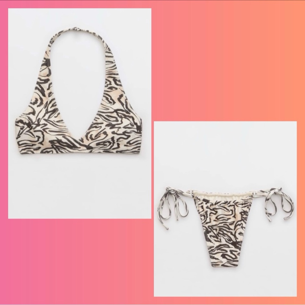 aerie Zebra Print Tie-Side Bikini Set in Black and Cream